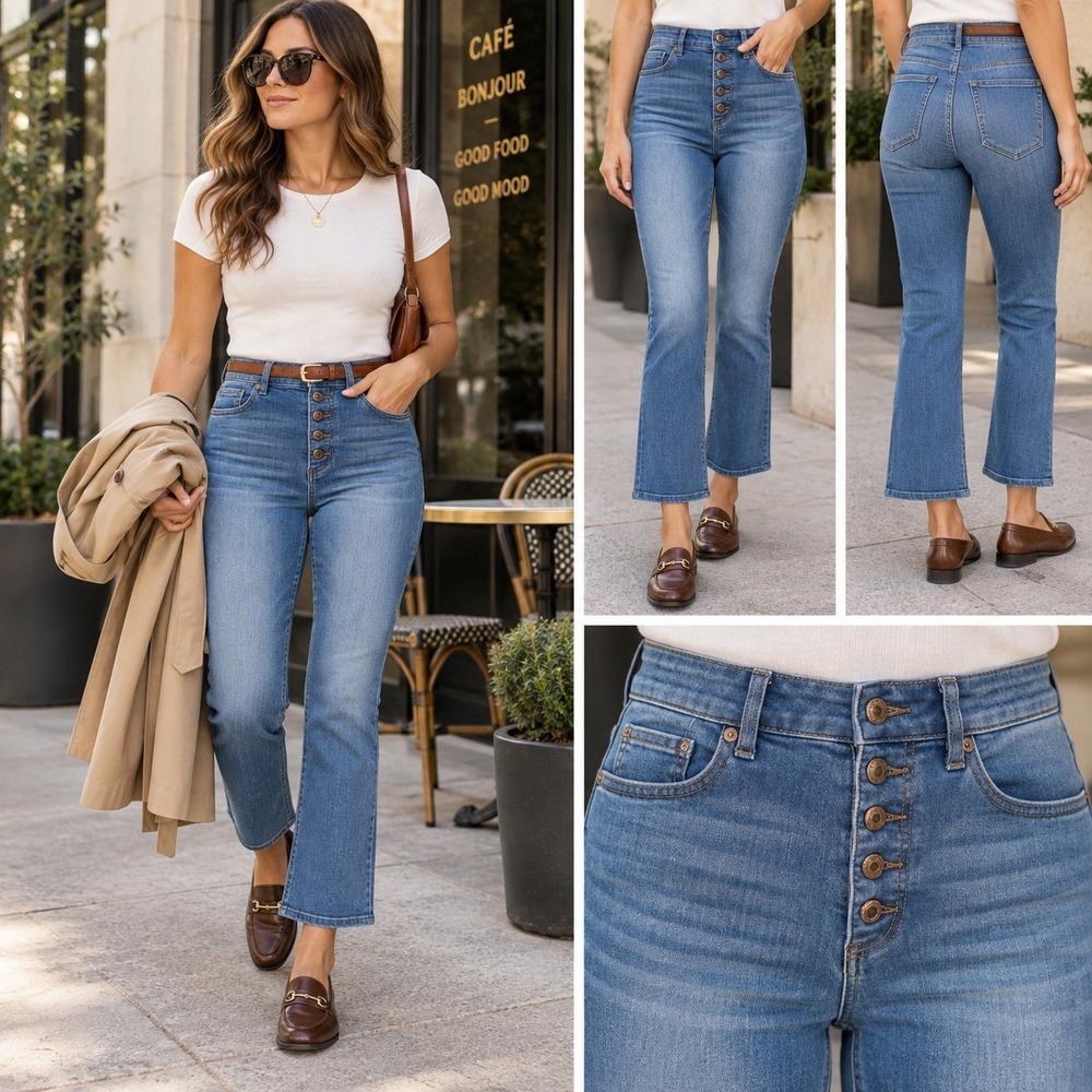 LOFT The Kick Crop Jeans Size 25 0 Medium Wash High Rise Exposed Button Fly Blue